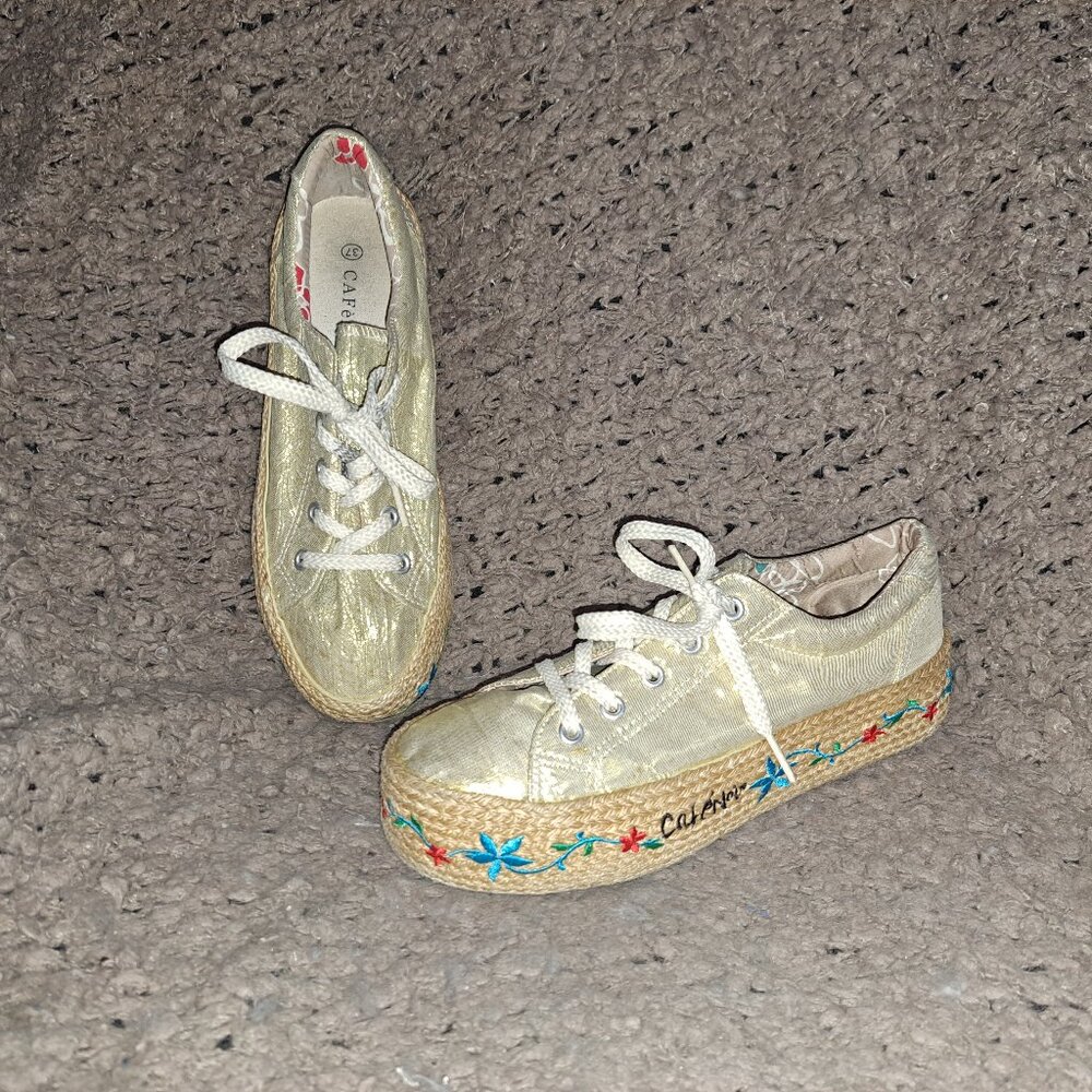 CAFE NOIR-Metallic Gold Fabric-Embroidered Espadrille Sneakers-Sz 37-Excellent